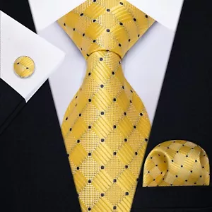ITALIAN DESIGNER Yellow Black Polka SILK TIE, HANKY, CUFFLINKS - Picture 1 of 9