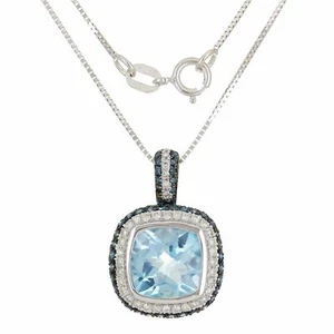 14k White Gold 0.50ctw Blue Topaz & Diamond Pave Vintage Style Pendant Necklace - Picture 1 of 3
