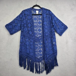 Chicos Cardigan Womens 1 M/8 Blue Short Sleeve Open Front Mesh Embroider Fringe - Picture 1 of 12