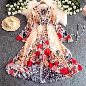 Holiday Flower Bohemian Chiffon Robe Dress Women's V-Neck Long Flare Sleeve - Picture 1 of 10