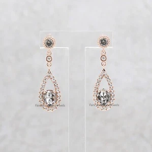 0.49 Ct Natural Oval Salt And Pepper Diamond 14K Rose Gold Engagement Earrings - Picture 1 of 8