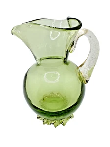 Vintage Art Glass Hand Blown Sm Avacado Green Pitcher Creamer W/Gold Flecks 5.5” - Picture 1 of 5