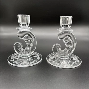 VTG Fostoria Plume Romance Crystal Candlestick Pair White Etching Candle Holders - Picture 1 of 17