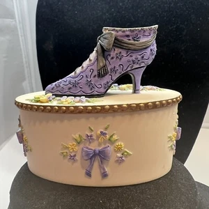 Willow Hall Purple Yellow Pansy Flower Victorian Shoe Oval Vanessa Trinket Box - Picture 1 of 6
