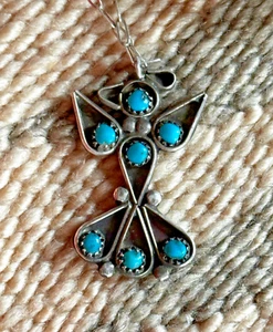 Old Pawn Native American Zuni Sterling Silver and Turquoise Thunderbird Necklace - Picture 1 of 9