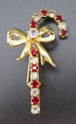 Candy Cane Holiday Christmas Rhinestone Bow Pin Brooch Gold Tone Vintage Estate