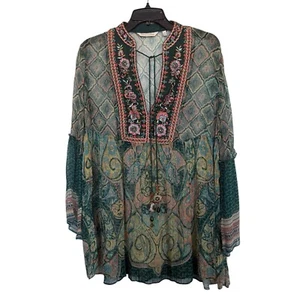 Soft Surroundings Women’s Sz S Emerald Shira Peasant Top Sheer Embroidered - Picture 1 of 9