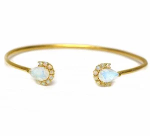 14K Gold Natural Opal And Rainbow Moonstone Cuff Bangle Bracelet-Jewelzofny - Picture 1 of 4