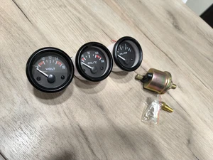 3PCS GAUGES+SENSORS 52MM GREEN LIGHT (W/O TRAY) VOLT OIL PRESS TEMP VDO STYLE - Picture 1 of 5