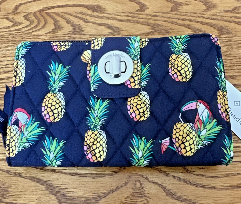 Vera Bradley Toucan Party Pineapples RFID Turnlock Wallet Navy Background