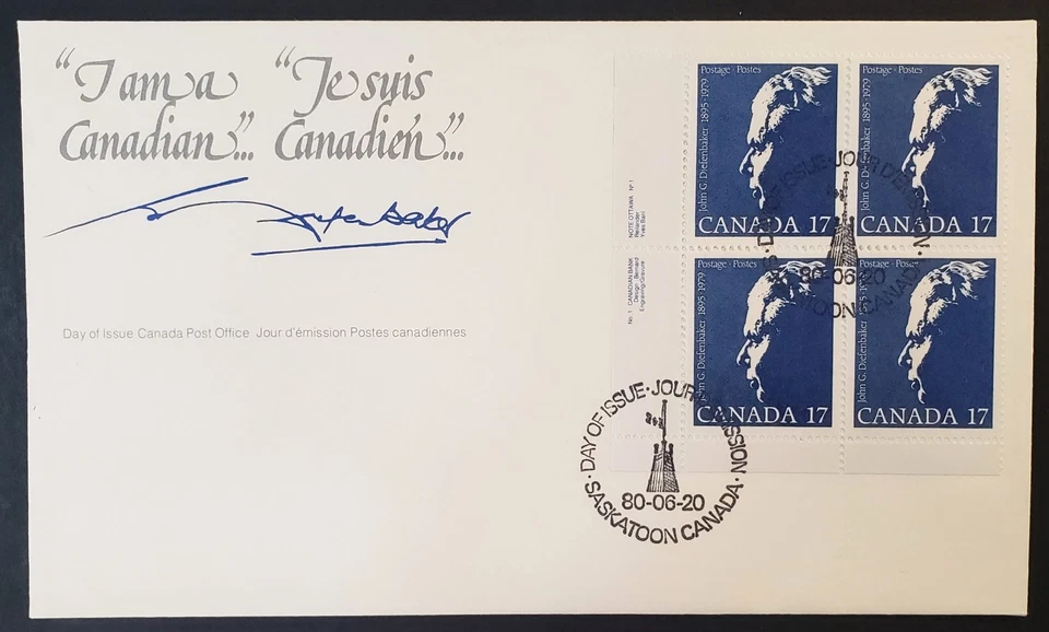 Estampillas Canadá FDC: #859 17c azul John G. Diefenbaker LL Pl. Negro. FDC VF Foto 1 de 1