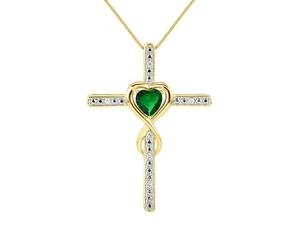 RYLOS EMERALD & DIAMOND HEART CROSS NECKLACE 18" YELLOW GOLD PLATED SILVER - Picture 1 of 6
