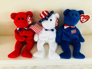 TY BENJAMIN JOHN AND THOMAS THE 3 AMERICAN BEAR BEANIE BABIES NEW + TAGS USA - Picture 1 of 1