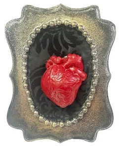Anatomical Ceramic Macabre Goth Red Heart On Velvet Plaque 2023 Signed Illegibly - Picture 1 of 3