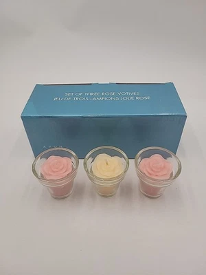 Avon Set of 3 Rose Votive Candles  Pink And Cream 2in Glass In Original Box - Image 1 of 4