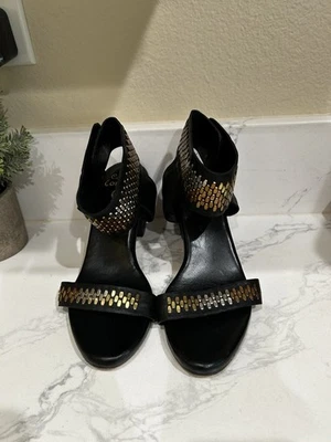 Calleen Cordero Heel black leather pewter metallic ankle strap sandal woman's 8 - Image 1 of 4