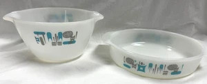 VINTAGE FIRE KING / ANCHOR HOCKING ATOMIC BLUE HEAVEN MIXING BOWL & BAKING DISH - Picture 1 of 22