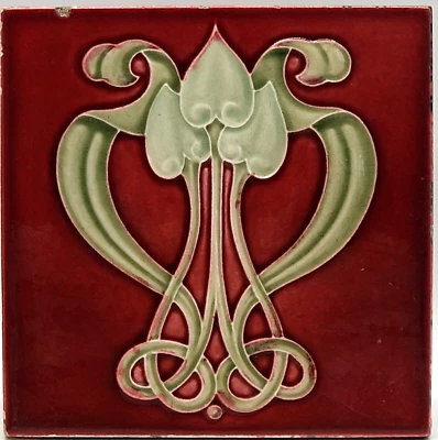 Art Nouveau Fireplace Tile Red Triple Floral Majolica by Henry Richards C1907 - Image 1 of 3
