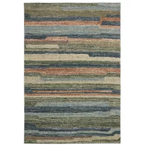 Soft Multi Coloured High Quality Self Patterned Striped Modern Handmade Wool Rug - Picture 1 of 5
