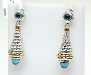 New LAGOS Signature Caviar Blue Topaz 30mm Drop Earrings in Silver & 18K Gold