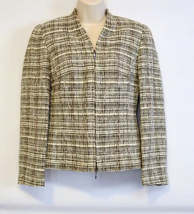 Zanella Women's 4 Tweed Cotton Linen Beige Brown Zip Jacket, Italy - Picture 1 of 7