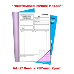 **PERSONALISED** NCR Invoice Duplicate Book A4 (210mm x 297mm) 2 PACK - Picture 1 of 4