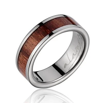 ANILLO DE BODA DE MADERA KOA HAWAIANO CON INCRUSTACIÓN GENUINA TITANIO 6 MM TAMAÑO 3-14 Foto 1 de 2