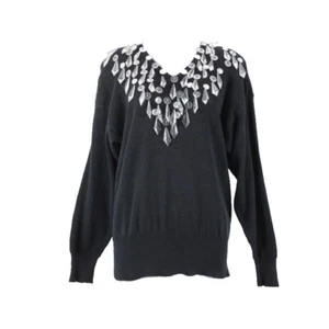 Bonnie Boerer Company Sz S Black Silver Crystals Beaded Ramie Cotton Sweater - Picture 1 of 24