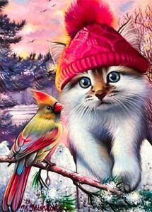 Limited Edition ACEO PRINT Cat Kitten Bird Christmas Winter Wildlife M. Mishkova