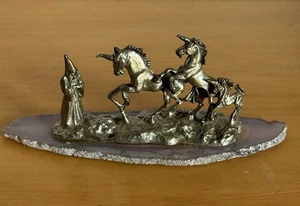 Pewter Unicorns and Wizard Figurine on a Slice of Pink Geode Stone - Picture 1 of 4