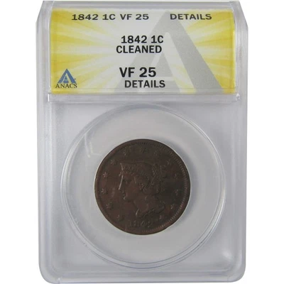 1842 Large Date Braided Hair Cent VF 25 Details ANACS SKU:CPC1139 - Image 1 of 4