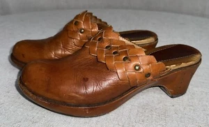 Vintage Frye Women's Boots Leather Clog Heeled Mules Shoe Braided Tan Sz 7 70050 - Picture 1 of 14