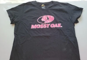 Mossy Oak Black With Pink Camo Wording T-Shirt Women's Size L Form Fitting - Picture 1 of 6