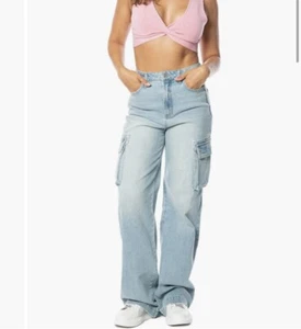 NWT Juicy Couture High Rise Wide Leg Y2K Jeans Sz:26 Light Wash Pink Logo Cargo - Picture 1 of 16