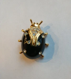 Signierte Johannes Brosche Marienkäfer kristallbesetzt schwarze Emaille & goldfarbene Anstecknadel - Bild 1 von 5