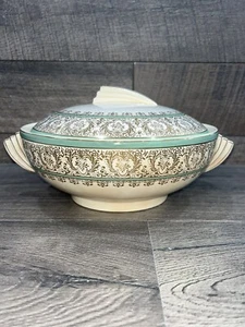 Wedgwood Sage Green Tureen Gold Retro Vintage Dish MCM Bowl England Art Deco Lid - Picture 1 of 14
