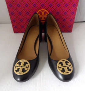 NIB Authentic TORY BURCH BENTON 50 MM Gold Tone TB Logo Black Nappa Leather 9 M - Picture 1 of 10