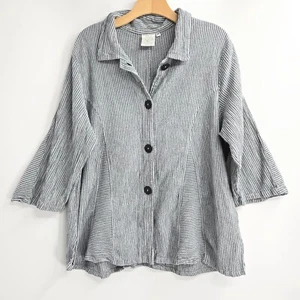 Mill Valley Clothing Trumpet Top Women's 2X Gray Linen Striped Button Lagenlook - Picture 1 of 13