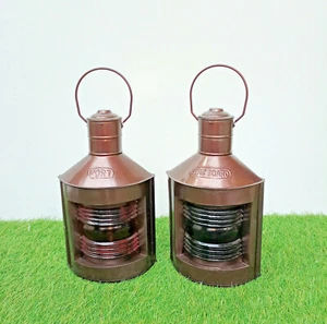 Set of 2 Beautiful Oil Lamps in Red & Green Colour Boat Light Port Lantern Decor - Picture 1 of 6