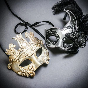Silver Venetian Warrior Pegasus & Silver Black Side Feather Glitter Couple Masks - Picture 1 of 1