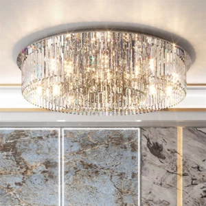Modern Crystal Ceiling Light Round Prism Chandelier Lamp Flush Mount Living Room - Picture 1 of 24