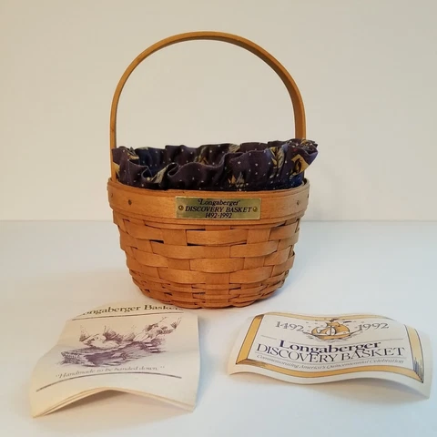 Longaberger Small Basket Discovery Signed 1492 - 1992 W/ Papers & Sailboat Liner Cover