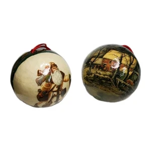 Vintage Christmas Ornaments 3 Inch Santa Scene Horse Paper Mache Decoupage - Picture 1 of 9