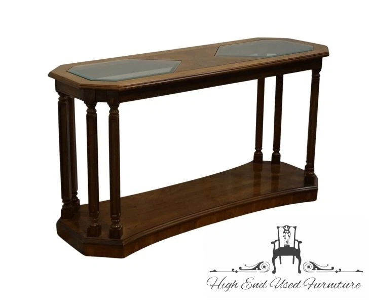 BROYHILL FURNITURE Walnut Italian Contemporary 50" Glass Topped Accent Sofa T... - Image 1 of 4