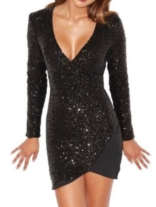 House of CB London Cascata Dress Small Black Sequin Mini Long Sleeve Cocktail - Picture 1 of 10