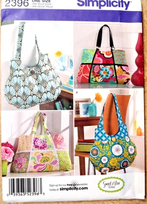 Sweet Pea Tote Bags Purses Two Styles Simplicity 2396 One Size 11-inch X 14-inch - Image 1 of 4