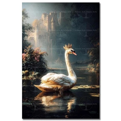 天鹅国王艺术印刷品,Cottagecore家居装饰,城堡海报,幻想哥特式鸟 — 第 1/2 张图片