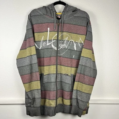 Vintage Volcom Hoodie Full Zip Sweatshirt Striped Grunge Logo Y2K Men’s XL - Image 1 of 4