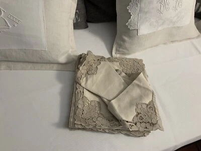 Linge Ancien 6 Serviettes Lin Et Dentelle De Venise A L’aiguille Point Colbert - Photo 1/4