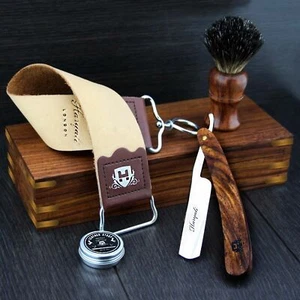 5pc Vintage Wooden Barber Salon Straight Cut Throat Shaving Razor Brush Kit Set - Picture 1 of 9